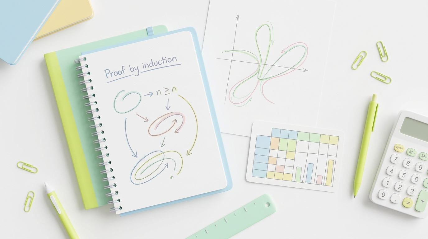 A-Level maths notebook with proof by induction and a parametric sketch