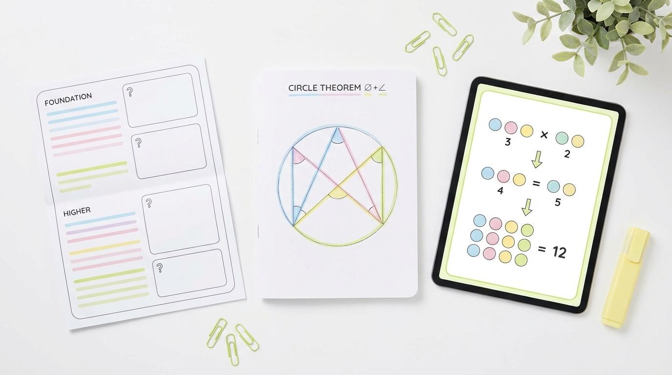 GCSE maths revision desk with circle theorems and graded worksheets