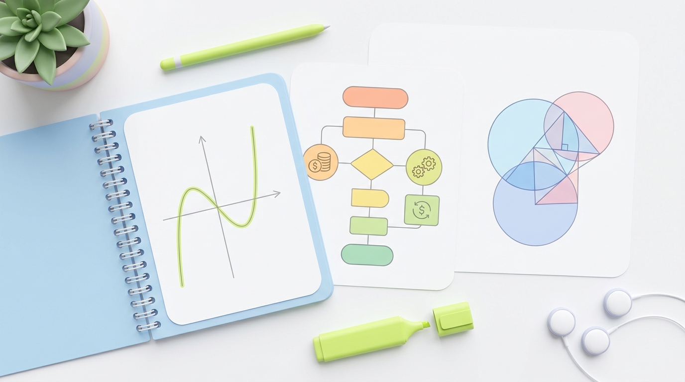 HSC maths desk with derivative curves, annuity formulas and past papers