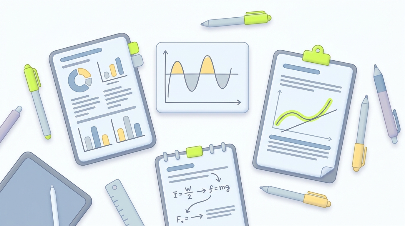 IB physics notes with data booklet, SHM graphs and lab annotations